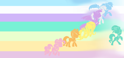 Size: 3000x1414 | Tagged: safe, artist:yourmcboy, part of a set, applejack, fluttershy, pinkie pie, rainbow dash, rarity, sunset shimmer, twilight sparkle, pony, rainbow rocks 10th anniversary, equestria girls, friendship through the ages, g4, my little pony equestria girls: rainbow rocks, alternate color palette, female, group, humane five, humane seven, humane six, lesbian, ponified, rainbow, scene interpretation, ship:sunsetsparkle, shipping