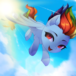 Size: 4000x4000 | Tagged: safe, artist:shavurrr, rainbow dash, pegasus, pony, g4, air, cloud, cute, female, flying, looking at each other, looking at someone, outdoors, racing, sky, smiling, solo, sun, sunshine