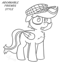 Size: 1000x1042 | Tagged: safe, artist:chopsticks, oc, oc only, oc:chopsticks, pegasus, pony, adorkable twilight and friends fanart, chest fluff, hat, male, monochrome, open mouth, pegasus oc, simple background, stallion, style emulation, white background