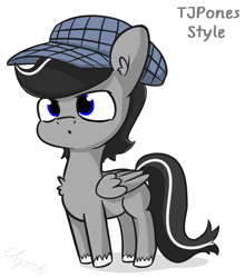 Size: 1250x1421 | Tagged: safe, artist:chopsticks, oc, oc only, oc:chopsticks, pegasus, pony, :o, chest fluff, ear fluff, hat, male, open mouth, pegasus oc, simple background, smol, style emulation, unshorn fetlocks, white background