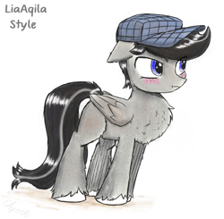 Size: 1850x1814 | Tagged: safe, artist:chopsticks, oc, oc only, oc:chopsticks, pegasus, pony, blushing, chest fluff, ear fluff, hat, male, pegasus oc, puffy cheeks, simple background, stallion, style emulation, unamused, unshorn fetlocks, white background