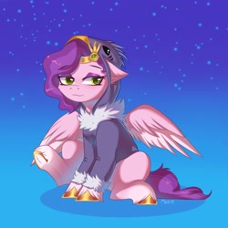 Size: 2000x2000 | Tagged: safe, artist:maxi_ponie, pipp petals, pegasus, pony, g5, adorapipp, animal costume, bird costume, cheek fluff, clothes, costume, cute, diadem, ear fluff, eyebrows, eyebrows visible through hair, eyeshadow, female, gradient background, high res, jewelry, lidded eyes, makeup, mare, regalia, sitting, smiling, solo, spread wings, unshorn fetlocks, wings