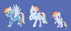 Size: 2300x1000 | Tagged: safe, artist:sion, rainbow dash, pegasus, pony, g4, age progression, bipedal, blue background, clothes, cute, dashabetes, female, filly, filly rainbow dash, foal, folded wings, grin, horn, japanese reading order, mare, no pupils, older, open mouth, open smile, progression, raised hoof, signature, simple background, smiling, smirk, smug, solo, spread wings, stars, tail, uniform, wings, wonderbolts uniform, younger