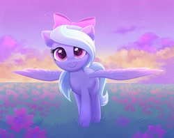 Size: 3791x3004 | Tagged: safe, artist:confetticakez, flitter, pegasus, pony, g4, bow, cute, female, flitterbetes, flower, grass, hair bow, high res, looking at you, mare, outdoors, smiling, smiling at you, solo, spread wings, tail, wings