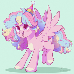 Size: 2048x2048 | Tagged: safe, artist:kuroartss, pinkie pie, oc, oc:sugar rush, pegasus, pony, g4, alternate cutie mark, alternate hairstyle, blush sticker, blushing, female, green background, hat, heart, heart eyes, high res, mare, open mouth, open smile, party hat, pegasus pinkie pie, race swap, redesign, simple background, smiling, solo, spread wings, tail, wingding eyes, wings