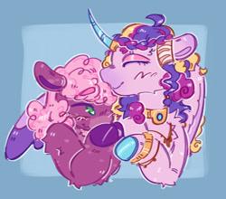 Size: 1296x1143 | Tagged: safe, artist:lichenbug, artist:tottallytoby, cheerilee, princess cadance, alicorn, earth pony, pony, g4, alternate design, alternate hairstyle, blue hooves, blush scribble, blushing, bracelet, braid, bust, chest fluff, coat markings, colored eyebrows, colored eyelashes, colored hooves, colored horn, colored lineart, colored muzzle, colored pinnae, colored wings, colored wingtips, crack shipping, curved horn, duo, duo female, ear markings, eyes closed, eyeshadow, facial markings, female, floppy ears, gradient ears, gradient muzzle, gradient wings, green eyes, hair accessory, hock fluff, hooves, horn, horn ring, human shoulders, jewelry, leg markings, lesbian, long mane, looking at someone, magenta coat, makeup, mare, missing accessory, no pupils, one wing out, pale muzzle, passepartout, peytral, pink coat, pink eyeshadow, profile, purple eyelashes, purple hooves, purple wingtips, ring, shiny coat, shiny hooves, shiny mane, ship:cheeridance, shipping, shoulder fluff, smiling, snip (coat marking), spots, three toned mane, tied mane, two toned wings, unicorn horn, wall of tags, wavy mouth, wings