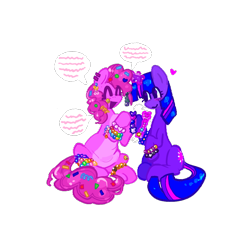 Size: 1154x1043 | Tagged: safe, artist:koidial, pinkie pie, twilight sparkle, earth pony, pony, unicorn, g4, :>, alternate design, anklet, arrow, bangs, blush scribble, blush sticker, blushing, bracelet, colored belly, colored eyelashes, colored lineart, colorful, confetti in mane, confetti in tail, curly mane, curly tail, cutie mark accessory, cutie mark earrings, duo, duo female, ear piercing, earring, eye clipping through hair, eyelashes, eyes closed, female, floating heart, freckles, glowing, glowing horn, hair accessory, heart, hoof hold, horn, jewelry, kandi, kandi bracelet, lesbian, looking at someone, magenta eyelashes, magic, mane accessory, mare, open mouth, open smile, pale belly, piercing, pink coat, pink mane, pink tail, purple blush, purple coat, purple eyelashes, purple eyes, raised hooves, requested art, saturated, scene, shiny mane, shiny tail, ship:twinkie, shipping, simple background, sitting, smiling, smiling at someone, speech bubble, sticker, straight mane, straight tail, swap, tail, talking, telekinesis, three quarter view, three toned mane, three toned tail, transparent background, underhoof, unicorn twilight