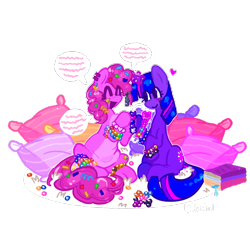 Size: 1154x1043 | Tagged: safe, alternate version, artist:koidial, pinkie pie, twilight sparkle, earth pony, pony, unicorn, g4, :>, alternate design, anklet, arrow, bangs, beads, blush scribble, blush sticker, blushing, book, bracelet, carpet, colored belly, colored eyelashes, colored lineart, colorful, confetti in mane, confetti in tail, curly mane, curly tail, cutie mark accessory, cutie mark earrings, duo, duo female, ear piercing, earring, eye clipping through hair, eyelashes, eyes closed, female, floating heart, freckles, glowing, glowing horn, hair accessory, heart, hoof hold, horn, indoors, jewelry, kandi, kandi bracelet, lesbian, looking at someone, magenta eyelashes, magic, mane accessory, mare, open mouth, open smile, outline, pale belly, piercing, pillow, pink coat, pink mane, pink tail, purple blush, purple coat, purple eyelashes, purple eyes, raised hooves, requested art, saturated, scene, shiny mane, shiny tail, ship:twinkie, shipping, signature, simple background, sitting, sleepover, smiling, smiling at someone, speech bubble, sticker, straight mane, straight tail, swap, tail, talking, telekinesis, three quarter view, three toned mane, three toned tail, transparent background, underhoof, unicorn twilight