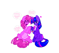 Size: 1154x1043 | Tagged: safe, alternate version, artist:koidial, pinkie pie, twilight sparkle, earth pony, pony, unicorn, g4, :>, alternate design, arrow, bangs, blush scribble, blush sticker, blushing, bracelet, colored belly, colored eyelashes, colored lineart, colorful, curly mane, curly tail, duo, duo female, eye clipping through hair, eyelashes, eyes closed, female, floating heart, glowing, glowing horn, heart, hoof hold, horn, jewelry, kandi, kandi bracelet, lesbian, looking at someone, magenta eyelashes, magic, mare, open mouth, open smile, pale belly, pink coat, pink mane, pink tail, purple blush, purple coat, purple eyelashes, purple eyes, raised hooves, requested art, saturated, shiny mane, shiny tail, ship:twinkie, shipping, simple background, sitting, smiling, smiling at someone, speech bubble, straight mane, straight tail, swap, tail, talking, telekinesis, three quarter view, three toned mane, three toned tail, transparent background, underhoof, unicorn twilight