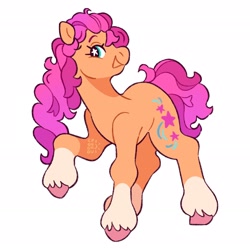 Size: 2048x2046 | Tagged: safe, artist:cocopudu, part of a set, sunny starscout, earth pony, pony, g2, g5, braid, braided ponytail, coat markings, colored eyebrows, colored hooves, curly mane, curly tail, eyelashes, female, g5 to g2, generation leap, green eyes, high res, hooves, long mane, looking back, mare, missing accessory, open mouth, open smile, orange coat, pink hooves, pink mane, pink tail, ponytail, profile, raised hoof, signature, simple background, smiling, socks (coat markings), solo, standing on three hooves, starry eyes, tail, tied mane, turned head, unshorn fetlocks, white background, wingding eyes