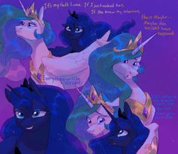 Size: 1500x1300 | Tagged: safe, artist:abbytabbys, princess celestia, princess luna, alicorn, pony, g4, alternate universe, blue coat, blue eyes, blue mane, blue pupils, blue text, colored eyebrows, colored pupils, crown, crying, description is relevant, dialogue, duo, duo female, ethereal mane, eyelashes, eyeshadow, female, folded wings, frown, gradient background, horn, implied twilight sparkle, jewelry, large wings, lidded eyes, long horn, long mane, looking at each other, looking at someone, looking up, makeup, mare, multicolored mane, open frown, open mouth, open smile, orange text, peytral, profile, purple eyes, purple eyeshadow, purple pupils, regalia, royal sisters, sad, shiny mane, siblings, sisters, smiling, smiling at someone, talking, tall ears, three quarter view, tiara, unicorn horn, wavy mane, white coat, wings, yellow text