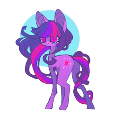 Size: 1058x1120 | Tagged: safe, artist:cutesykill, twilight sparkle, earth pony, pony, g4, alternate eye color, bangs, big ears, big eyes, blue sclera, butt, circle background, colored pinnae, colored sclera, concave belly, earth pony twilight, eyelashes, female, frown, horn, long legs, long mane, long tail, looking at you, looking back, looking back at you, mare, missing horn, no catchlights, passepartout, pink eyes, plot, purple coat, race swap, slender, solo, straight mane, straight tail, tail, thick eyelashes, thin, thin legs, three toned mane, three toned tail, turned head, twibutt, unusual pupils, windswept mane