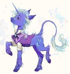 Size: 1201x1276 | Tagged: safe, artist:lutraviolet, trixie, classical unicorn, pony, unicorn, g4, abstract background, alternate accessories, alternate clothes, alternate design, alternate hairstyle, alternate mane color, alternate tail color, alternate tailstyle, beard, beauty mark, blue coat, blushing, brooch, clothes, cloven hooves, colored eartips, colored hooves, colored horn, colored muzzle, colored pinnae, curly mane, curly tail, dark muzzle, ear fluff, ear tufts, eyelashes, eyeshadow, facial hair, facial markings, female, gradient ears, gradient horn, gradient muzzle, hatching (technique), hock fluff, hooves, horn, jewelry, leg fluff, leg markings, leonine tail, lidded eyes, long mane, long tail, looking back, makeup, mare, multicolored horn, popped collar, profile, purple eyeshadow, purple hooves, raised hoof, raised leg, rolled up sleeves, shiny hooves, shiny horn, shirt, signature, smiling, sparkles, standing on two hooves, suit, tail, tail fluff, thin tail, trixie's brooch, unicorn beard, unshorn fetlocks, wall of tags, white shirt