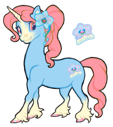 Size: 767x862 | Tagged: safe, artist:asimot2000, oc, oc only, pony, unicorn, adoptable, coat markings, female, flower, flower in hair, horn, magical lesbian spawn, mare, offspring, parent:aloha, parent:trixie, simple background, smiling, socks (coat markings), solo, unshorn fetlocks, white background