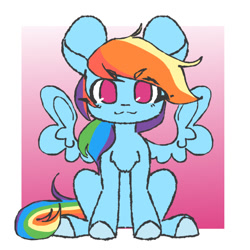 Size: 1024x1024 | Tagged: safe, artist:snowflake_pone, rainbow dash, pegasus, pony, g4, all ears, big ears, chest fluff, chibi, female, gradient background, looking at you, mare, no pupils, passepartout, sitting, smiling, solo, spread wings, wings