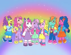 Size: 2560x1978 | Tagged: safe, artist:milliedubois, bon bon (g1), bright eyes, clover (g1), melody, patch (g1), starlight (g1), sweetheart, earth pony, semi-anthro, g1, my little pony tales, '90s, 7 pony friends, female, mare, rainbow, rainbow background