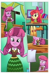 Size: 2520x3780 | Tagged: safe, artist:chaika70, apple bloom, cheerilee, human, equestria girls, g4, classroom, clothes, comic, desk, digital art, digital clock, duo, indoors, paper, pen, smiling