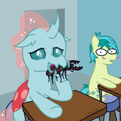 Size: 1920x1920 | Tagged: safe, artist:_butterscotch, ocellus, sandbar, beetle, changeling, earth pony, insect, pony, stag beetle, g4, blushing, bugs doing bug things, carnivore, changelings eating meat, classroom, desk, duo, duo male and female, eating, female, implied ocelbar, implied shipping, implied straight, indoors, male, mandibles, sitting, stool