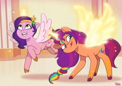 Size: 3745x2642 | Tagged: safe, artist:felux, idw, pipp petals, sunny starscout, alicorn, pegasus, pony, g5, my little pony: tell your tale, my little pony: the storm of zephyr heights, the storm of zephyr heights #1, spoiler:comic, spoiler:g5, spoiler:g5comic, artificial horn, artificial wings, augmented, diadem, duo, duo female, female, glitter, glowing, horn, i can't believe it's not hasbro studios, idw showified, indoors, jewelry, magic, magic aura, magic horn, magic wings, mane stripe sunny, mare, open mouth, open smile, pippcorn, race swap, redraw, regalia, scene interpretation, show accurate, smiling, spread wings, sunnycorn, tell your tale accurate, transformation, wings, zephyr heights