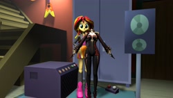 Size: 3840x2160 | Tagged: safe, artist:wissle, sunset shimmer, rainbow rocks 10th anniversary, equestria girls, g4, 3d, clothes, cosplay, costume, electric guitar, female, genshin impact, guitar, happy, high res, indoors, looking at you, mannequin, mavuika (genshin impact), musical instrument, smiling, solo, source filmmaker, speaker, stairs, sunset's apartment