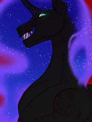 Size: 750x1000 | Tagged: safe, artist:snowberry, nightmare moon, alicorn, pony, g4, bust, colored sketch, creepy, curved horn, ethereal mane, female, glowing, glowing eyes, horn, looking at you, mare, nose wrinkle, portrait, red background, sharp teeth, sketch, solo, teeth, toothy grin, wings