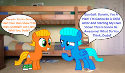 Size: 1764x1040 | Tagged: safe, artist:memeartboi, earth pony, pegasus, pony, g4, ask, asking, bed, bedroom, best bros, best friends, brothers, bunk bed, chatting, clothes, colt, cute, darwin watterson, determination, duo, duo male, excited, foal, grin, gumball watterson, indoors, male, pegasus wings, ponified, prequel, siblings, smiling, socks, standing, talking, talking to each other, the amazing world of gumball, wings