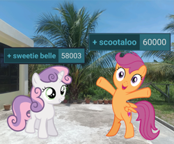 Size: 1269x1053 | Tagged: safe, artist:supermario64fan, artist:yellowdash1998v2, edit, vector edit, scootaloo, sweetie belle, pegasus, pony, unicorn, derpibooru, g4, bipedal, cute, cutealoo, diasweetes, duo, duo female, female, filly, foal, horn, irl, meta, milestone, outdoors, photo, ponies in real life, tags, vector