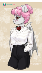 Size: 1953x3360 | Tagged: safe, artist:bloodymrr, oc, oc only, bat pony, anthro, anthro oc, blouse, bowtie, eye scar, facial scar, female, flower, freckles, hair bun, hand in pocket, lidded eyes, necktie, red eyes, rose, scar, solo, spread wings, tired, wings