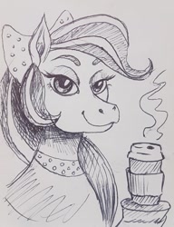 Size: 640x832 | Tagged: safe, artist:neohexane, horse, bandana, black and white, chocolate, cocoa (wild manes), cup, drawing, female, food, grayscale, holding, hot chocolate, lidded eyes, mare, monochrome, simple background, smiling, solo, white background, wild manes