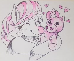 Size: 640x524 | Tagged: safe, artist:neohexane, horse, unicorn, candi (wild manes), cuddling, drawing, female, floating heart, heart, horn, horse plushie, mare, plushie, simple background, smiling, solo, sugar hoof (wild manes), white background, wild manes