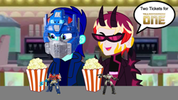 Size: 1280x720 | Tagged: safe, artist:robertsonskywa1, oc, oc:starbreaker firewalker, oc:starshadow skystalker, demon, human, equestria girls, g4, cinema, food, horns, indoors, mask, megatron, open mouth, optimus prime, photo, popcorn, siblings, sunglasses, text, toy, transformers, transformers one, twins, vitiligo