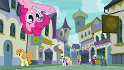 Size: 1280x720 | Tagged: safe, screencap, carrot top, fashion plate, golden harvest, lily love, moonlight raven, perry pierce, pinkie pie, pokey pierce, sunshine smiles, earth pony, pony, unicorn, g4, spice up your life, canterlot, horn, outdoors