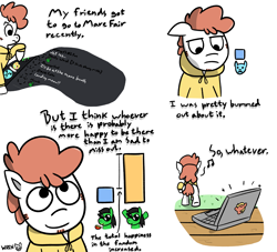 Size: 3300x3000 | Tagged: safe, artist:wren, oc, oc only, pony, mare fair, bike cuck meme, cheese, clothes, comic, computer, convention, food, laptop computer, macintosh (computer), meme, numget, ponified, ponified meme, simple background, sweatshirt, whistling, white background