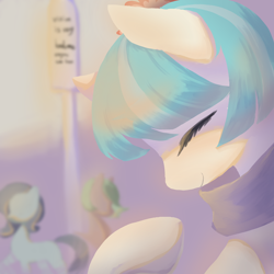 Size: 2000x2000 | Tagged: safe, artist:moshuijiumu, coco pommel, earth pony, pony, g4, blurry background, clothes, eyes closed, faceless ponies, female, mare, scarf