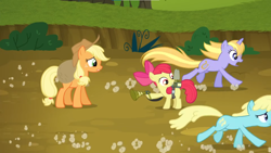 Size: 1366x768 | Tagged: safe, screencap, apple bloom, applejack, ballad, sassaflash, earth pony, pony, unicorn, bloom & gloom, g4, horn, outdoors, pest control gear, running, standing