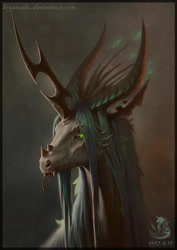 Size: 1240x1753 | Tagged: safe, artist:begasus, queen chrysalis, kelpie, g4, bust, female, portrait, solo, tongue out