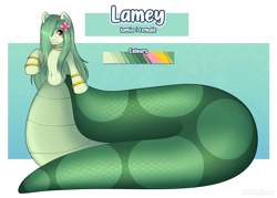 Size: 3000x2142 | Tagged: safe, artist:madelinne, oc, oc only, oc:lamey, lamia, original species, female, flower, flower in hair, hair covering face, jewelry, long hair, looking at you, mare, scales, solo