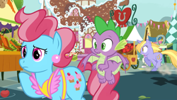 Size: 1365x768 | Tagged: safe, screencap, ballad, cup cake, pokey pierce, spike, twinkleshine, dragon, earth pony, pony, unicorn, g4, the big mac question, horn, outdoors, sugarcube corner, winged spike, wings