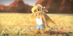 Size: 4120x2060 | Tagged: safe, artist:potato22, oc, oc only, oc:mareota, pegasus, anthro, clothes, eyebrows, eyebrows visible through hair, female, flower, hat, high res, looking at you, mountain, outdoors, pegasus oc, shorts, signature, smiling, smiling at you, solo, tank top, wings