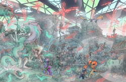 Size: 3000x1944 | Tagged: safe, artist:podval_sumosshedshego, oc, oc only, oc:ci cada, oc:natrix capefiv, oc:serenada grey, bat pony, dragon, earth pony, eastern dragon, kirin, pegasus, zebra, crossout, lightning, night, night sky, sky