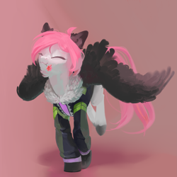 Size: 2449x2449 | Tagged: safe, artist:yanisfucker, oc, oc only, pegasus, pony, abstract background, clothes, colored ears, colored hooves, colored wings, cute, eyes closed, flower, flower in mouth, hooves, jacket, mouth hold, running, smiling, solo, spread wings, wings