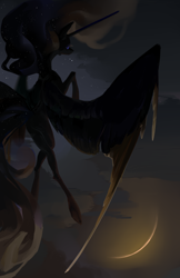 Size: 1974x3037 | Tagged: safe, artist:yanisfucker, nightmare moon, princess luna, alicorn, pony, g4, crescent moon, crossed legs, ethereal mane, female, flying, large wings, mare, missing cutie mark, moon, night, rear view, solo, starry mane, stars, wings