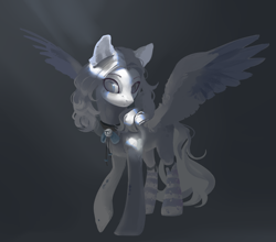 Size: 2608x2300 | Tagged: safe, artist:yanisfucker, oc, oc only, pegasus, pony, abstract background, bell, bell collar, blank flank, clothes, coat markings, collar, crepuscular rays, dappled, female, high res, mare, shadow, socks, solo, spread wings, striped socks, white hair, wings