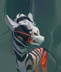 Size: 2267x2645 | Tagged: safe, artist:yanisfucker, oc, oc only, pony, zebra, abstract background, ambiguous gender, bells, fangs, mask, solo, teeth, zebra oc