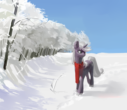 Size: 2631x2280 | Tagged: safe, artist:yanisfucker, oc, oc only, pony, unicorn, clothes, cutie mark, forest, high res, horn, nature, scarf, scenery, sky, smiling, snow, solo, tree, walking, winter