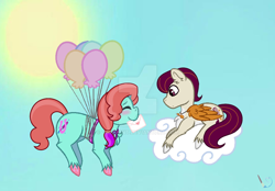 Size: 1280x891 | Tagged: safe, artist:galpaint, jazz hooves, rocky riff, earth pony, pegasus, pony, g5, balloon, base used, blushing, cloud, deviantart watermark, duo, duo male and female, eyes closed, female, flying, jazz has no ears, letter, love letter, male, mare, no ears, obtrusive watermark, ship:rockjazz, shipping, sky, stallion, straight, sun, watermark