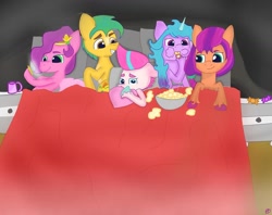 Size: 1080x856 | Tagged: safe, artist:heart k art, hitch trailblazer, izzy moonbow, pipp petals, sunny starscout, zipp storm, earth pony, pegasus, pony, unicorn, g5, bed, blanket, bowl, cellphone, cup, eating, female, food, group photo, heart, heart pillow, herbivore, horn, male, mane five, mare, phone, pillow, popcorn, scared, sleepover, smartphone, stallion, watching tv