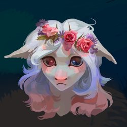 Size: 2449x2449 | Tagged: safe, artist:yanisfucker, oc, oc only, pony, abstract background, bust, floppy ears, flower, flower in hair, freckles, looking at you, portrait, solo