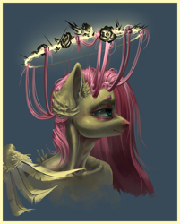 Size: 1650x2050 | Tagged: safe, artist:yanisfucker, fluttershy, pegasus, anthro, g4, bust, crown, female, floral head wreath, flower, halo, jewelry, portrait, profile, regalia, solo