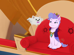 Size: 800x600 | Tagged: safe, artist:reafelice14, cloudpuff, queen haven, dog, flying pomeranian, pegasus, pomeranian, pony, g5, couch, duo, female, mare, sitting, solo, throne, winged dog